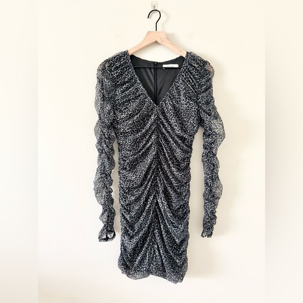 Item Ditto Mesh Ruched Long Sleeve Bodycon Mini Dress in Gray & Black Leopard L